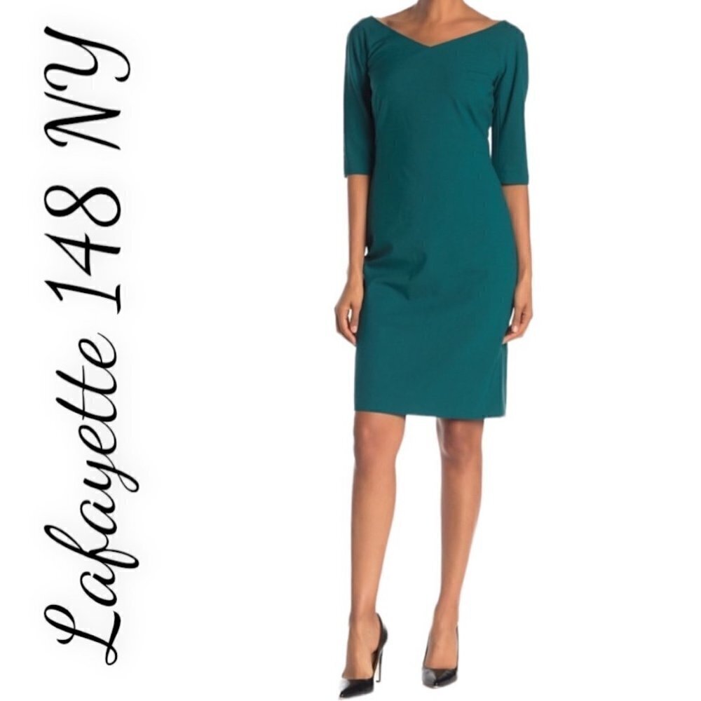 NWT LAFAYETTE 148 NEW YORK Alexia Teal Green Wool Sheath Dress, Size 2